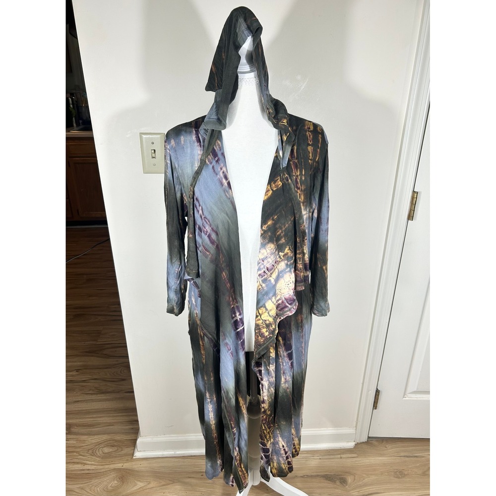 Coin 1804 Hooded Duster Cardigan Womens 1X Tie Dye Open Front BOHO Trippy Hippie